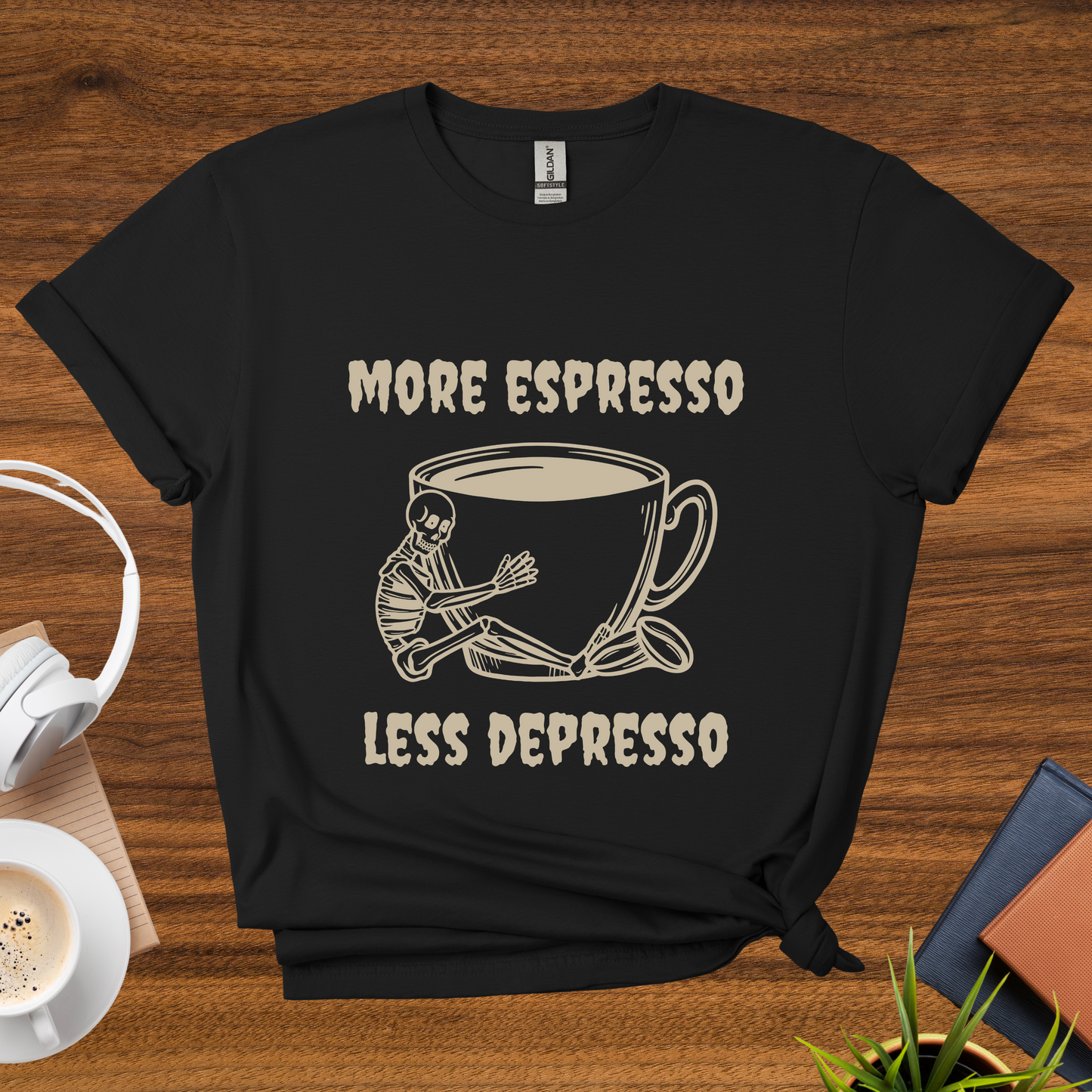 more espresso, less depresso (skeleton) t-shirt