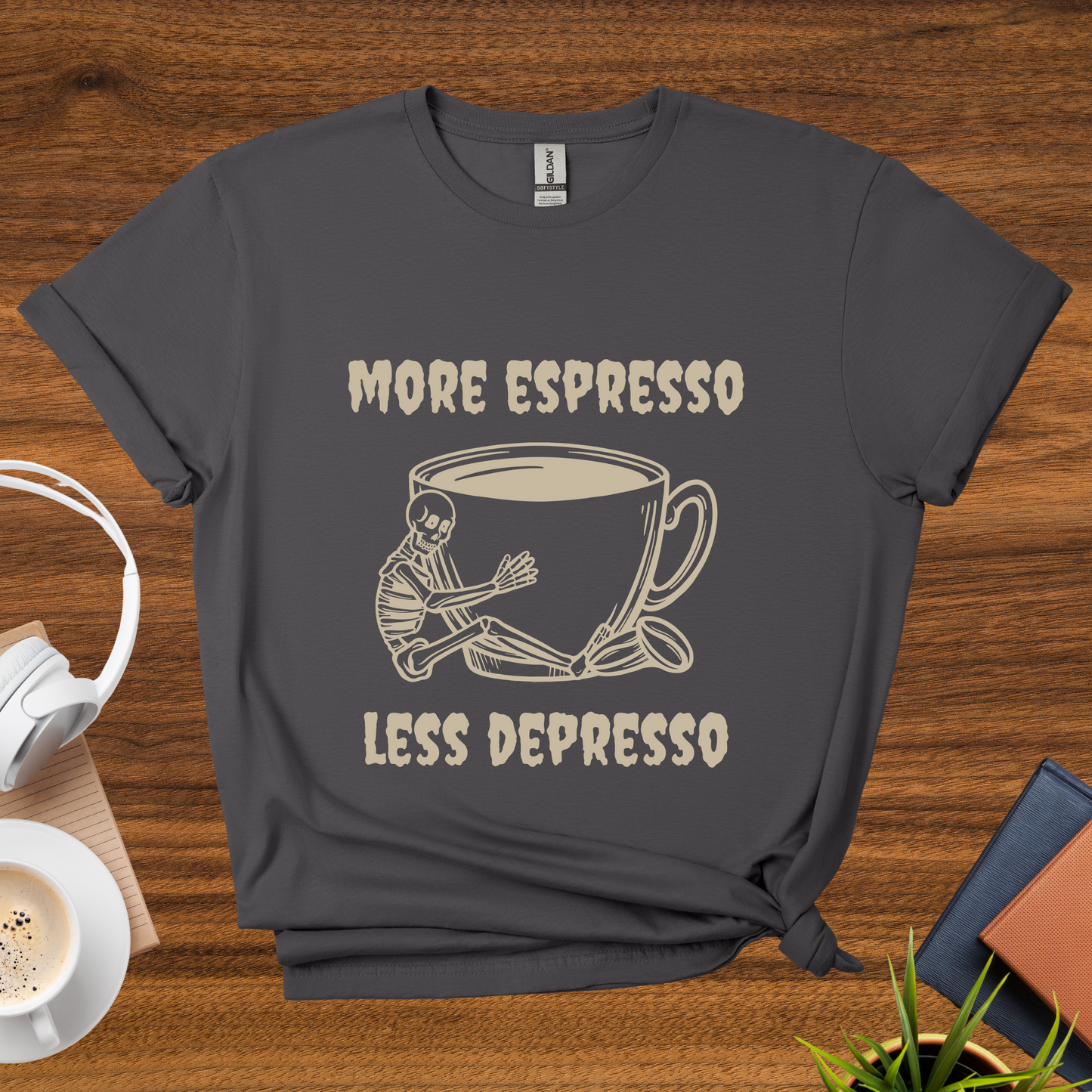 more espresso, less depresso (skeleton) t-shirt