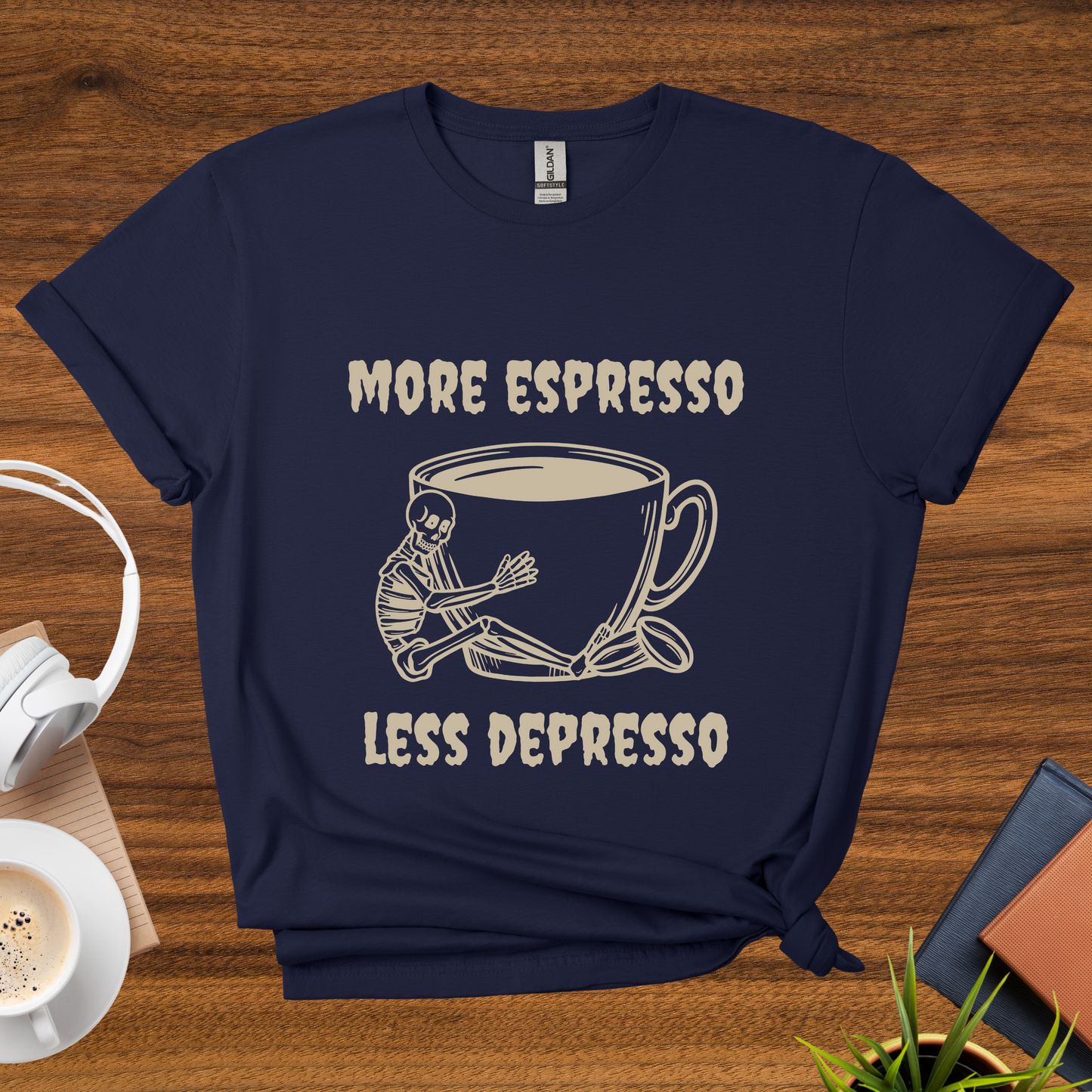 more espresso, less depresso (skeleton) t-shirt