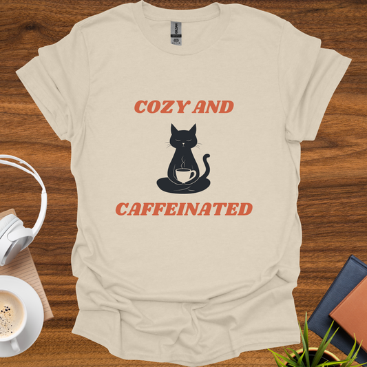 cozy and caffeinated (black cat) t-shirt